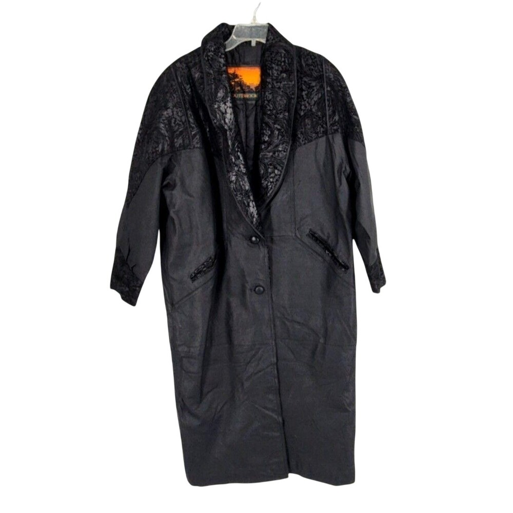 Outbrook Coat Womens 1X Black Leather Long Floral Embossed Shawl Collar Lined